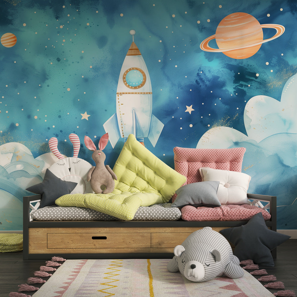 Cosmic rocket wallpaper transforming children's playroom into space exploration zone