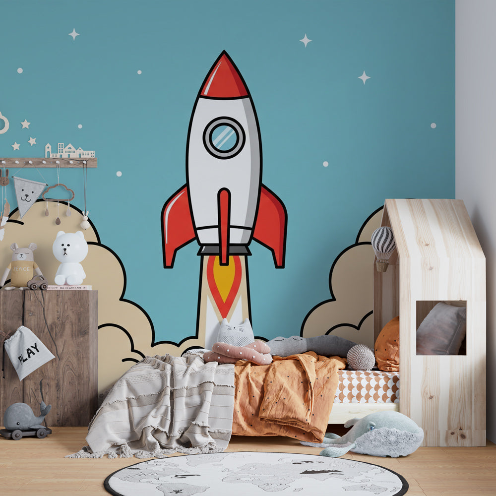 Galactic rocket mural wallpaper inspiring imaginative play in children's room by Kids-Mundo