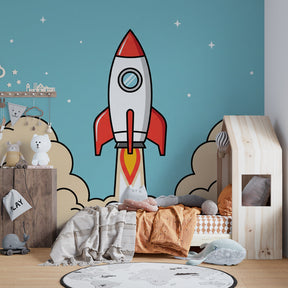 Galactic rocket mural wallpaper inspiring imaginative play in children's room by Kids-Mundo