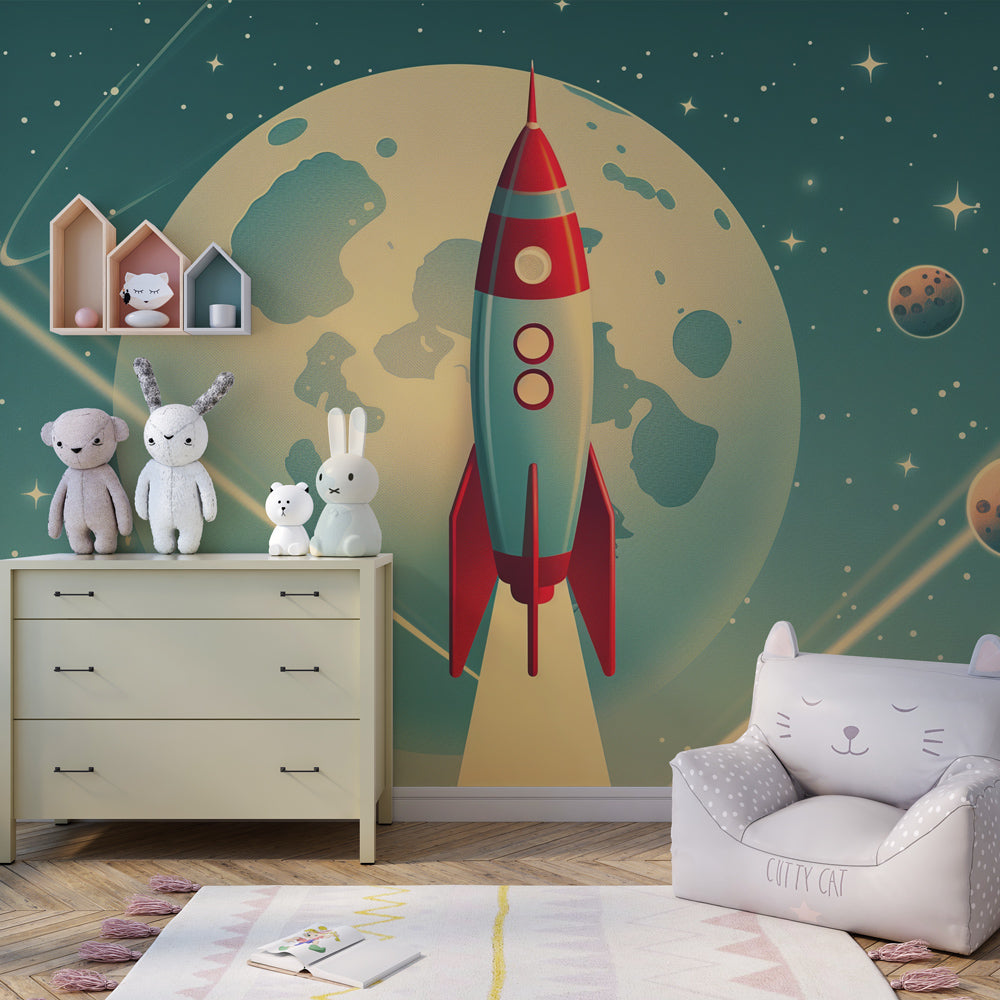 Cosmic themed mural wallpaper transforming kids playroom into interstellar adventure space