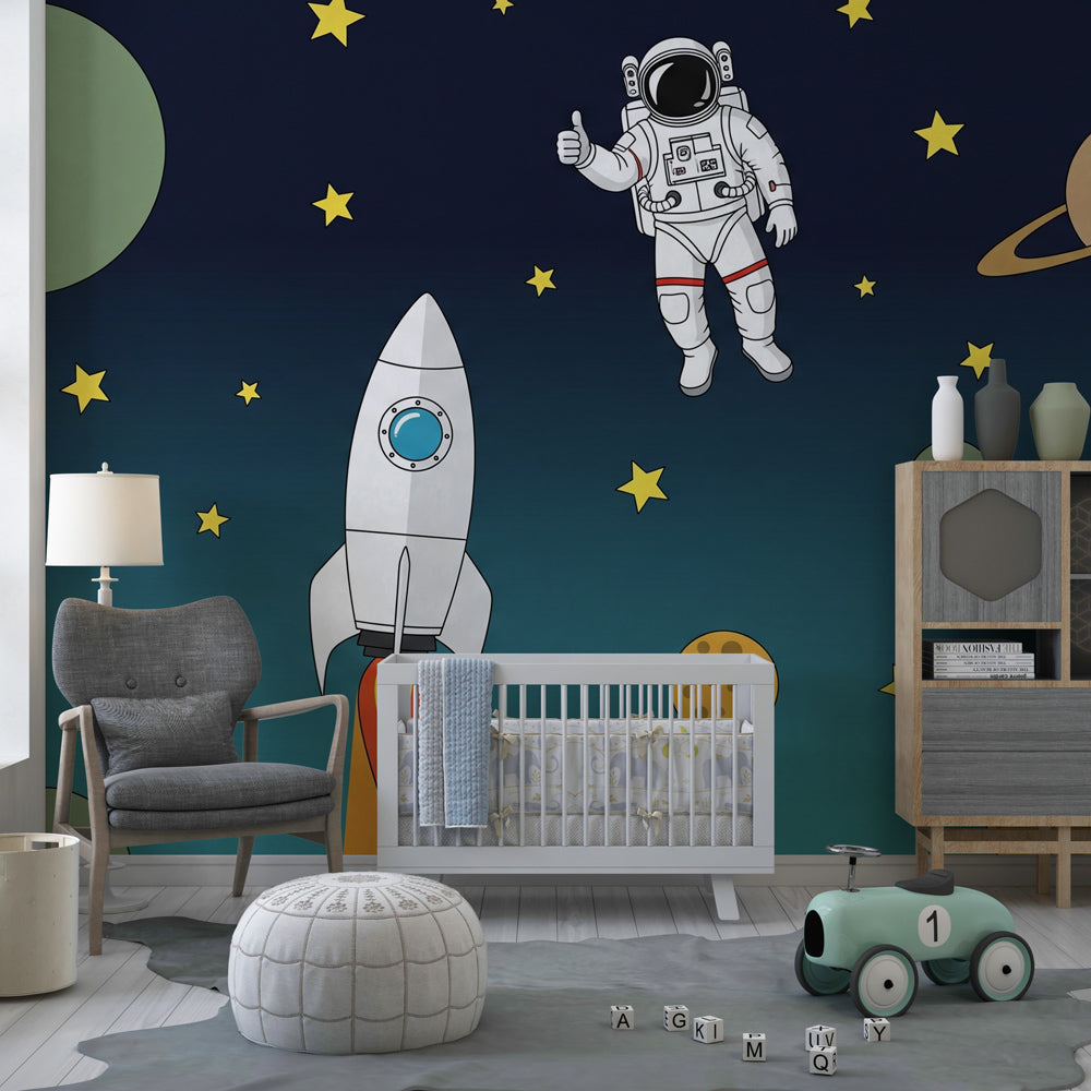 Space-themed mural wallpaper with planets and stars for children's playroom by Kids-Mundo