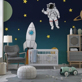 Space-themed mural wallpaper with planets and stars for children's playroom by Kids-Mundo