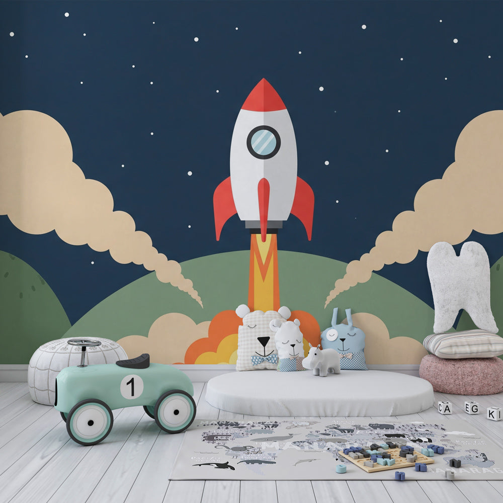 Galaxy themed mural wallpaper installed in bright kids playroom with space adventure decor
