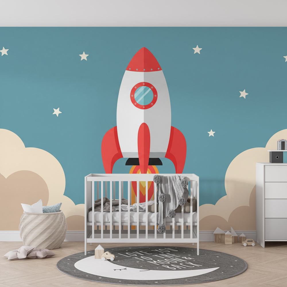 Space adventure mural wallpaper installed in bright kids playroom showing rocket ship and cloud details