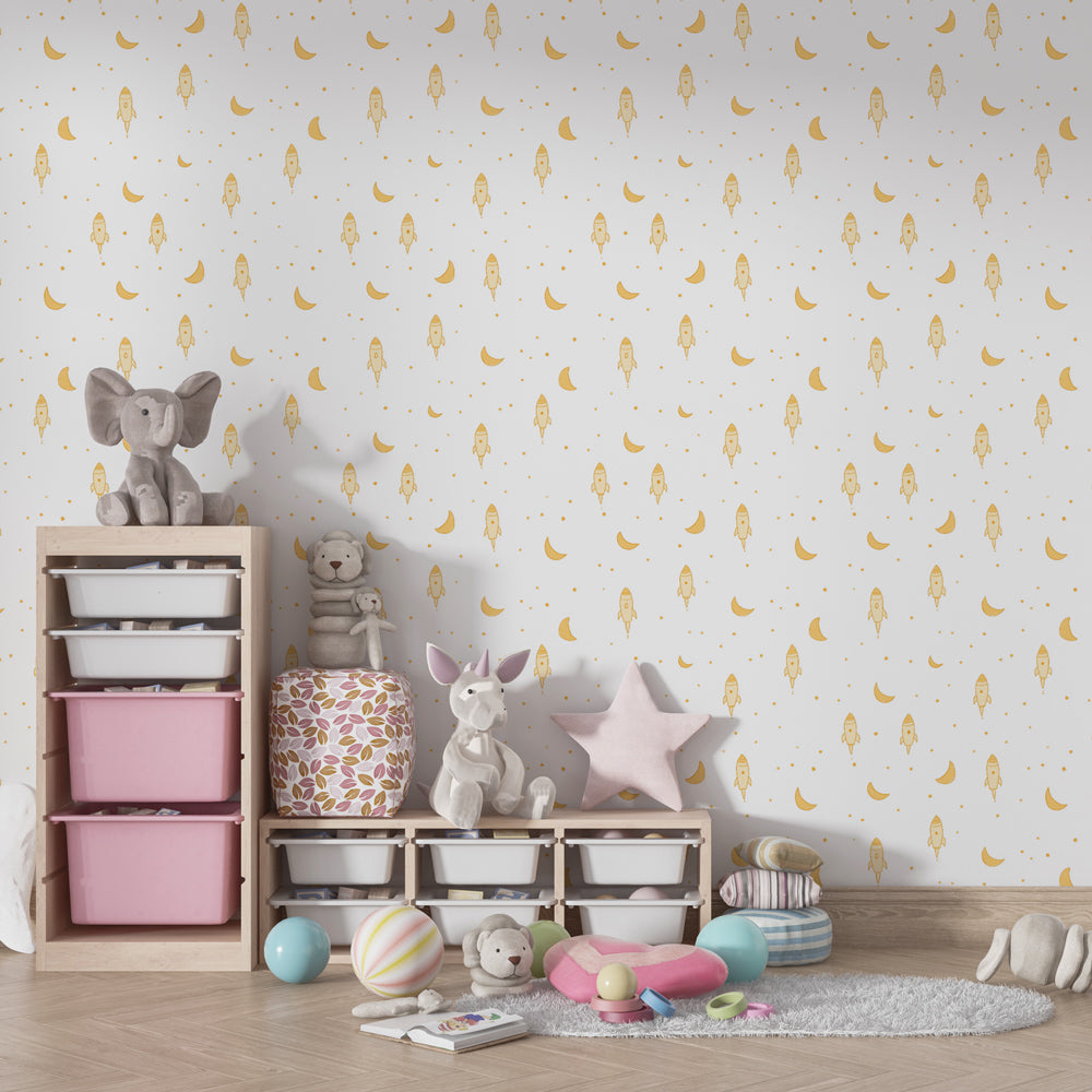Cosmic theme mural wallpaper with rockets and moons for kids room by Kids-Mundo