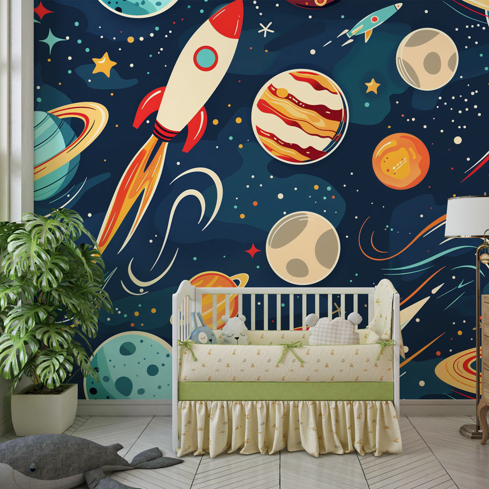 Kids-Mundo galaxy and rocket wall mural on a bold feature wall in a kids bedroom