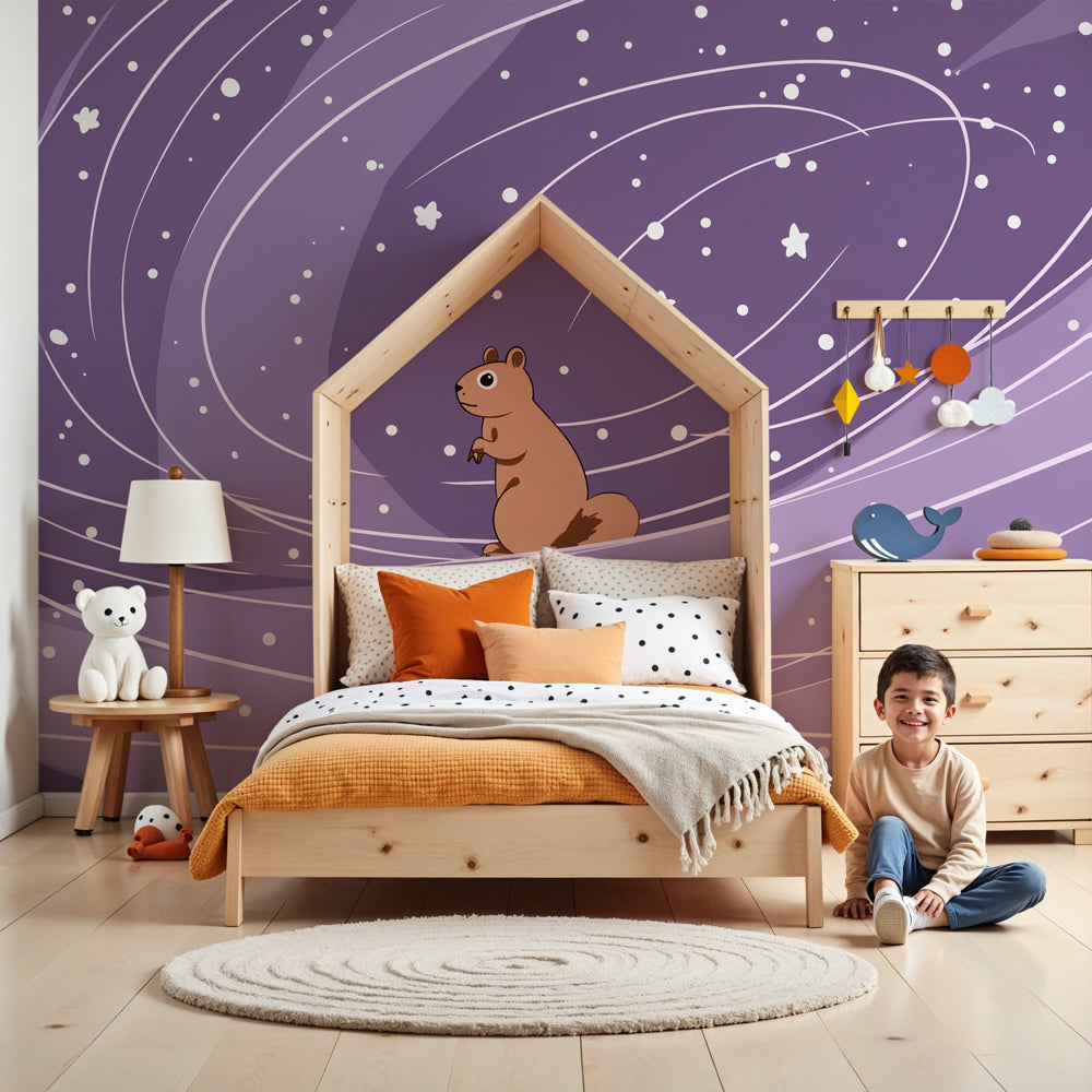 Space squirrel mural wallpaper in modern nursery with purple galaxy stars by Kids-Mundo