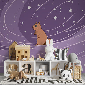 Children's space wallpaper with floating squirrel among stars in playroom setting