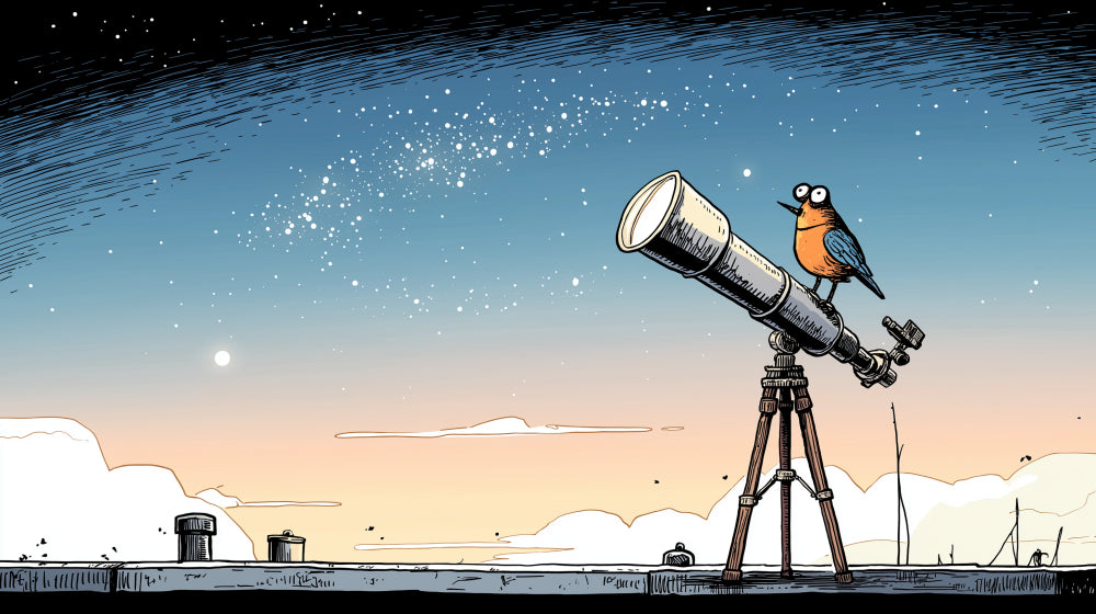 Detailed space telescope and curious bird mural wallpaper design pattern by Kids-Mundo