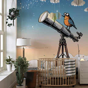Space exploration themed mural wallpaper transforming children's playroom into observatory