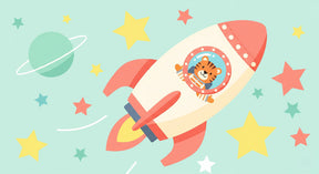 Detailed space tiger astronaut mural wallpaper design pattern with rocket and stars by Kids-Mundo