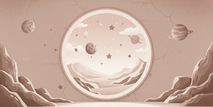Flat artwork of the Kids-Mundo circular space window mural with planets, stars and rocky cliffs