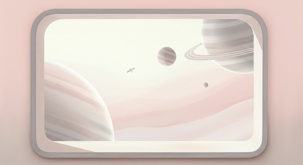 Kids-Mundo flat artwork of the spaceship window planets wall mural design