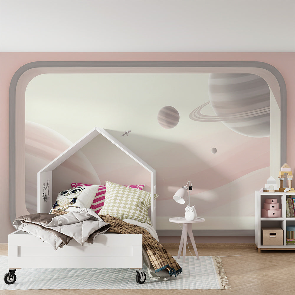Kids-Mundo spaceship window wall mural bringing planets and stars into a playroom