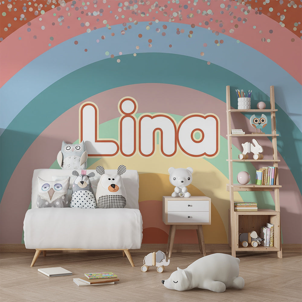 Kids-Mundo sparkly rainbow wall mural brightening a colourful children's playroom
