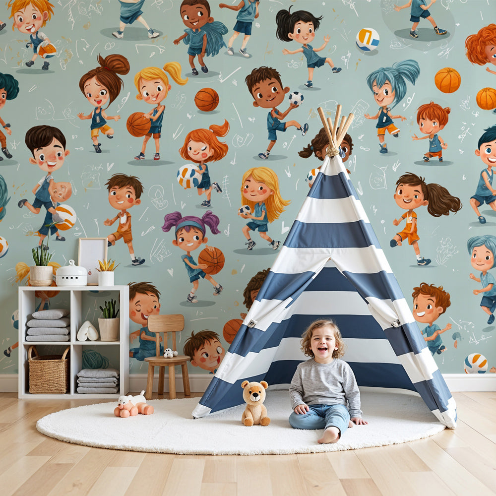 Sports kids mural wallpaper creating energetic atmosphere in modern children's bedroom by Kids-Mundo