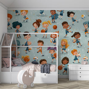 Colorful sports themed mural wallpaper for inspiring nursery decor with cartoon athletes by Kids-Mundo