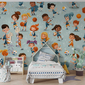 Athletic cartoon mural wallpaper transforming kids playroom into active sports zone by Kids-Mundo