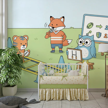 Kids-Mundo sports training tiger mural creating a playful, energetic playroom accent wall.