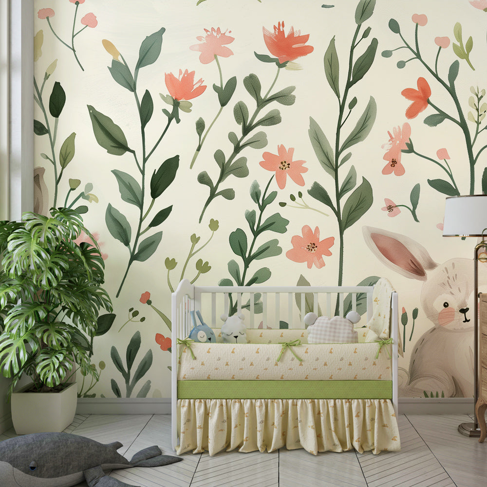 Watercolor bunny and flower mural wallpaper creating peaceful atmosphere in baby's bedroom decor