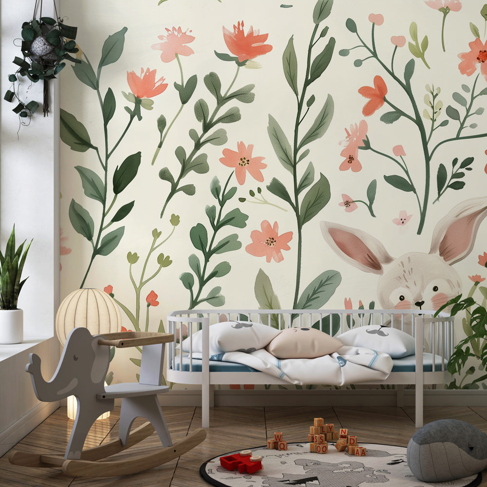 Close-up detail of spring bunny mural wallpaper showing delicate watercolor flowers and rabbits