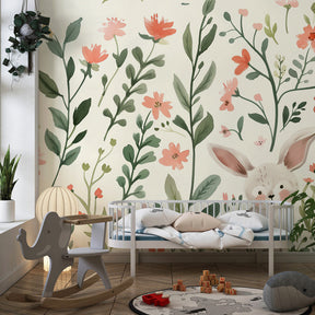 Close-up detail of spring bunny mural wallpaper showing delicate watercolor flowers and rabbits