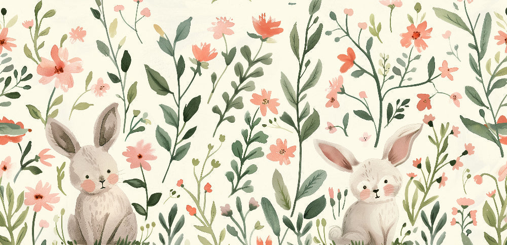Complete spring bunny watercolor mural wallpaper design pattern with floral details by Kids-Mundo