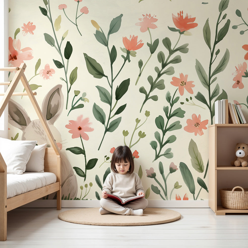 Spring bunny watercolor mural wallpaper in serene nursery with soft green floral design by Kids-Mundo