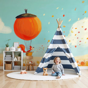 Squirrel parachute adventure mural wallpaper in modern kids bedroom with natural wood furniture by Kids-Mundo