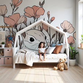 Squirrel floral mural wallpaper creating peaceful nursery decor with pink botanical design by Kids-Mundo