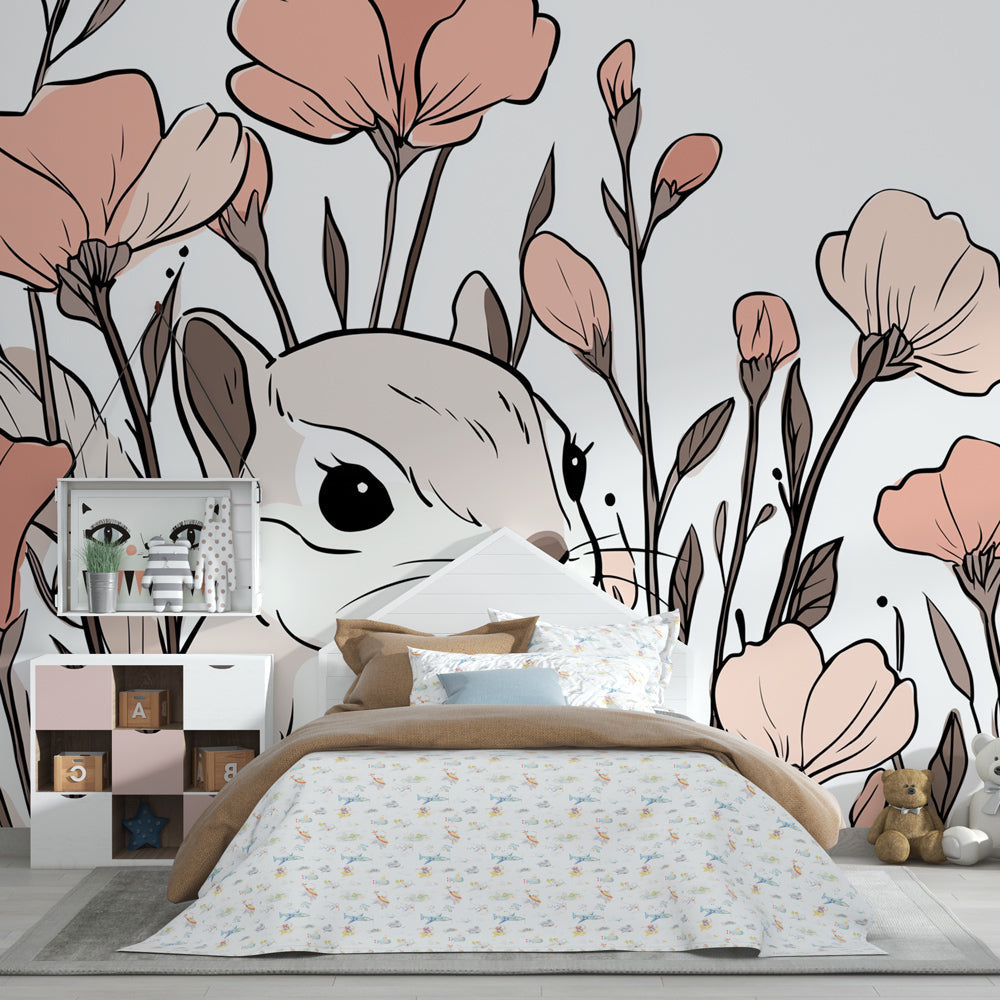 Botanical squirrel wallpaper with pink flowers in modern kids room by Kids-Mundo