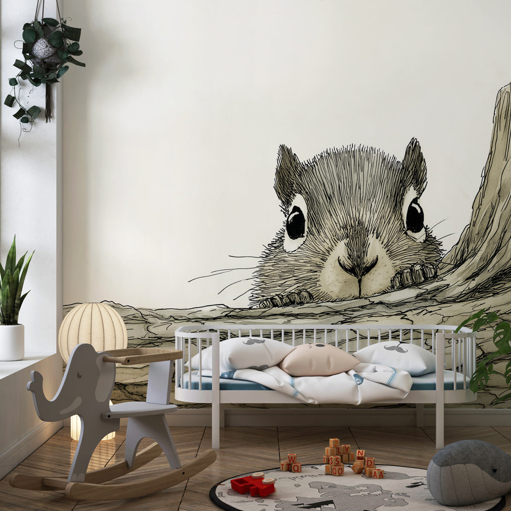 Forest animal mural wallpaper with curious squirrel design in kids playroom decor