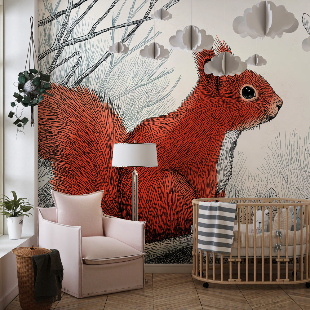 Nature-inspired squirrel mural wallpaper with botanical elements for kids room decor