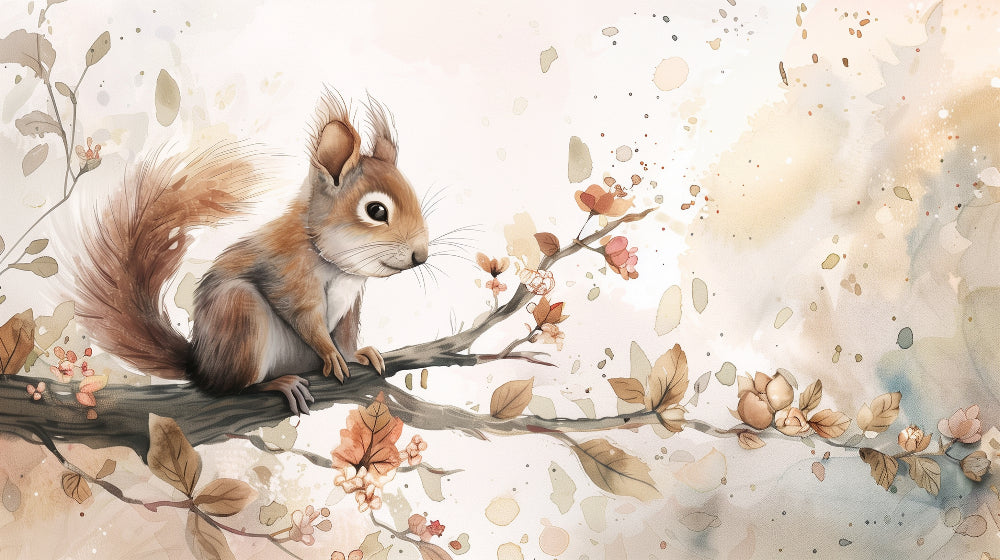 Detailed squirrel and pastel blossom mural wallpaper design pattern by Kids-Mundo