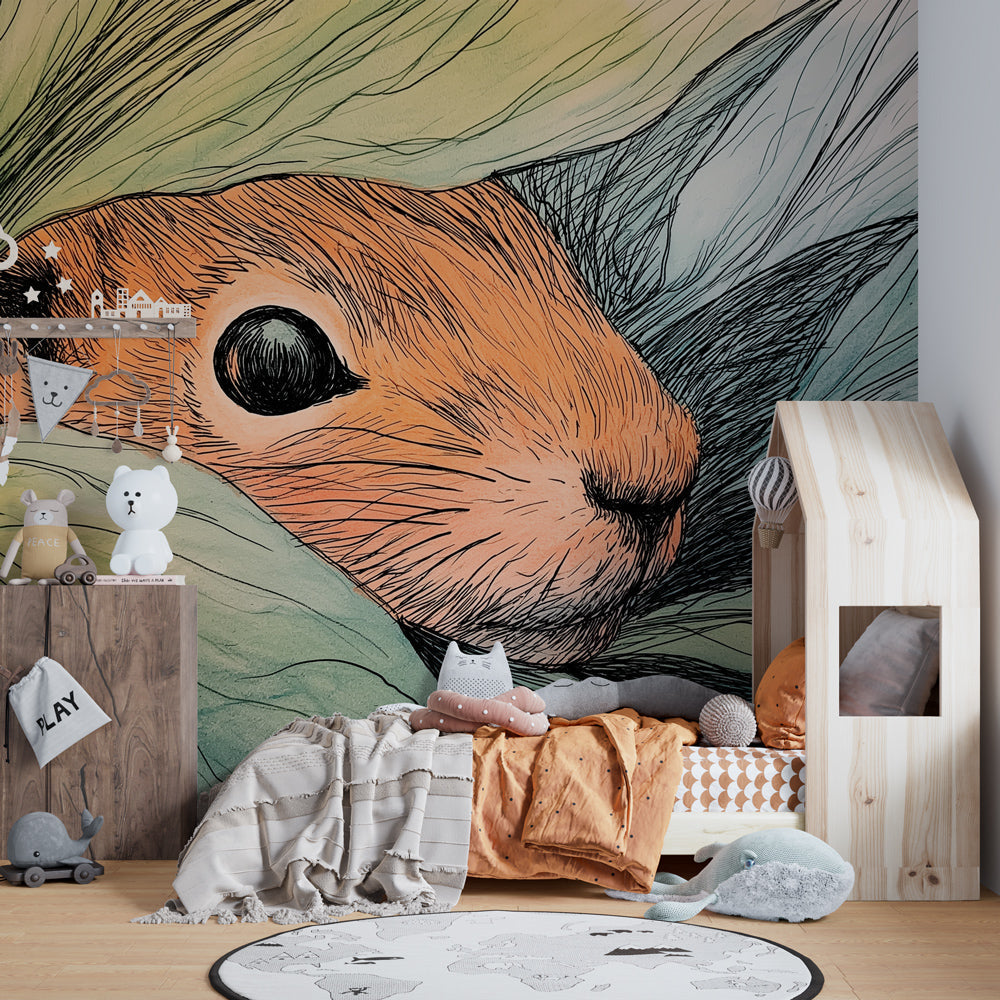 Nature-themed squirrel wallpaper transforming children's bedroom into forest adventure space
