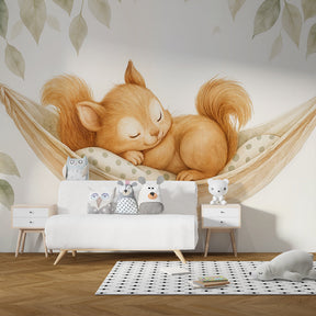 Forest animal mural wallpaper with sleeping squirrel for kids room decor