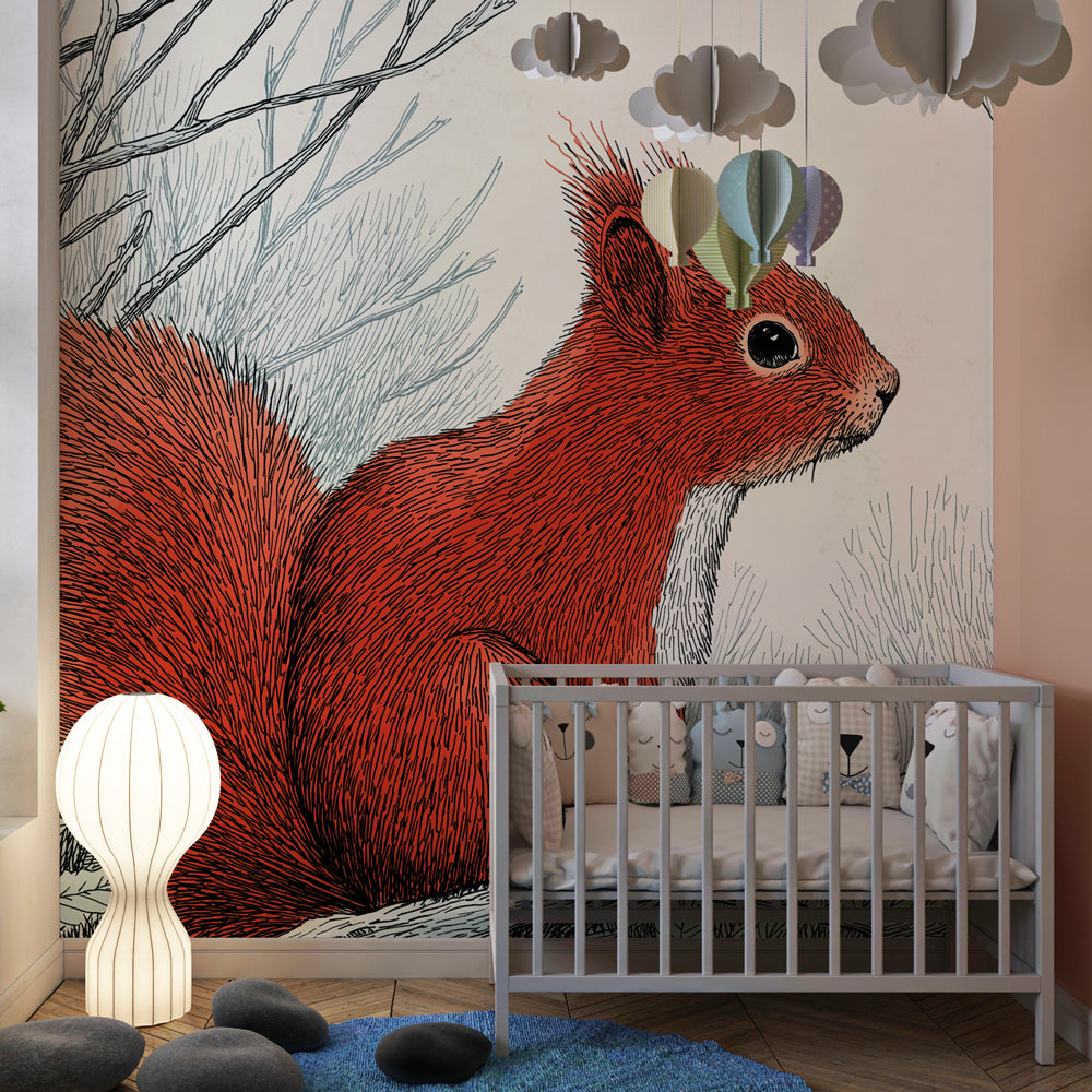 Woodland squirrel wallpaper transforming children's bedroom with forest animal theme
