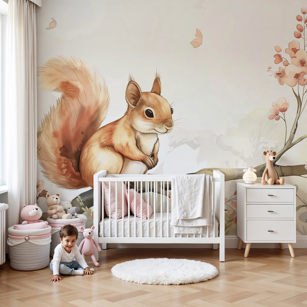 Dreamy squirrel mural wallpaper creating enchanted woodland nursery atmosphere by Kids-Mundo