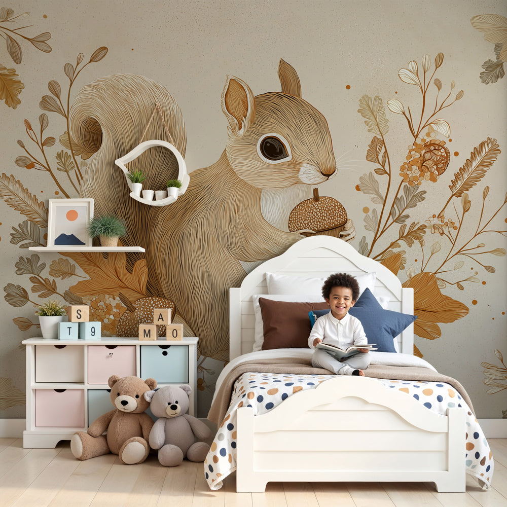 Squirrel autumn mural wallpaper creating cozy woodland nursery decor by Kids-Mundo