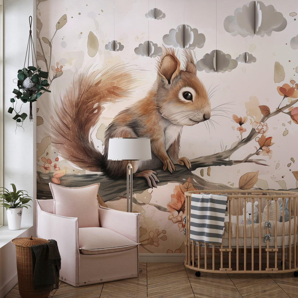 Spring blossom squirrel wallpaper transforming children's playroom with gentle woodland theme
