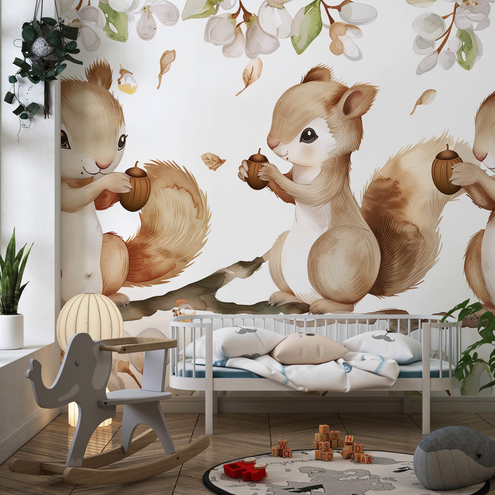Three baby squirrels mural wallpaper transforming kids playroom with gentle woodland animal design