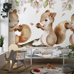 Three baby squirrels mural wallpaper transforming kids playroom with gentle woodland animal design