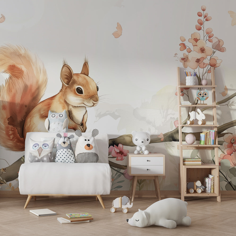 Flowering branch squirrel mural wallpaper bringing nature into children's playroom space