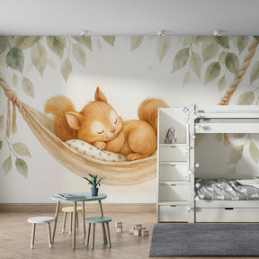 Woodland squirrel wallpaper creating cozy atmosphere in children's bedroom