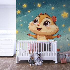 Dreamy squirrel wallpaper creating magical children's bedroom with twinkling stars and woodland charm