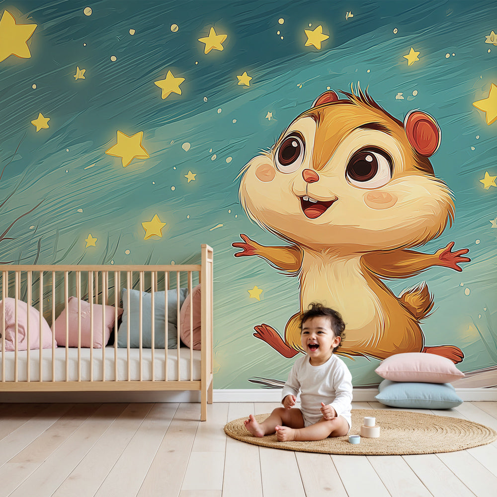 Squirrel stars mural wallpaper in cozy nursery with soft blue night sky theme by Kids-Mundo