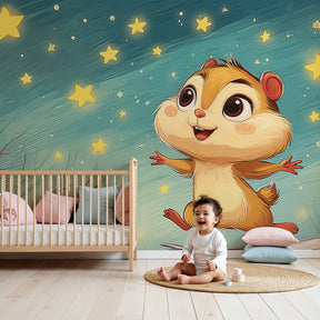 Squirrel stars mural wallpaper in cozy nursery with soft blue night sky theme by Kids-Mundo