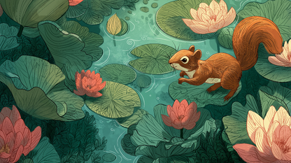 Kids-Mundo flat artwork of a squirrel among water lilies used for this wall mural design
