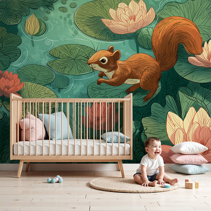 Kids-Mundo squirrel and water lily wall mural in a calm, nature-inspired nursery