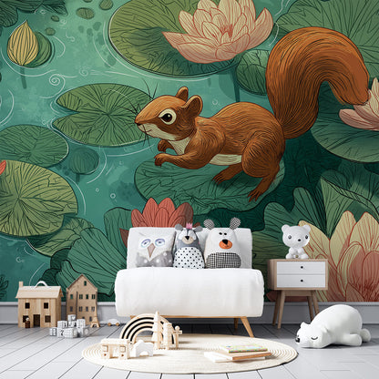 Kids-Mundo squirrel and lotus flower wall mural brightening a children's playroom